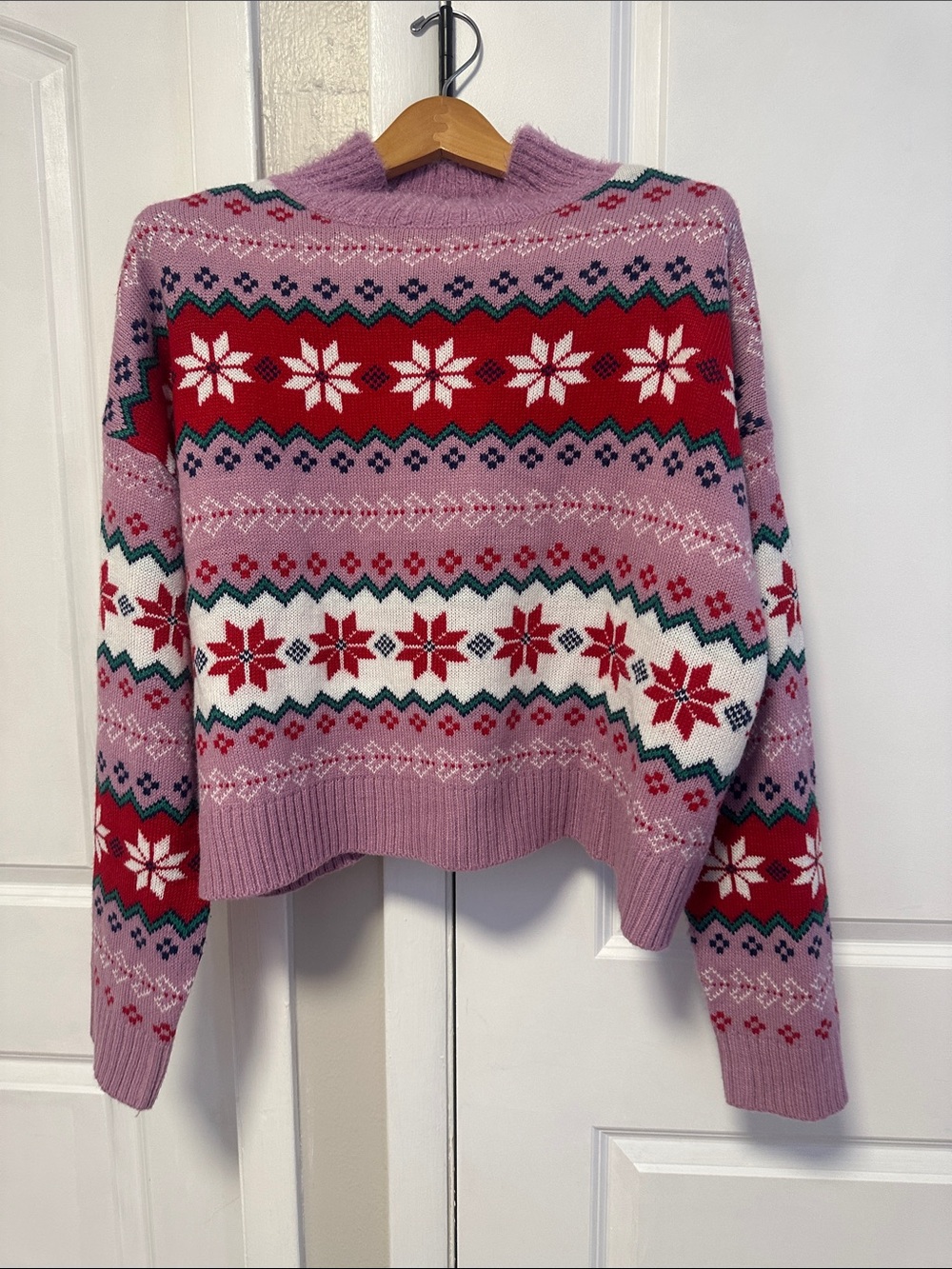 Beautiful, Women's Pink Fair Isle Crewneck Sweater with Red Snowflake Bands